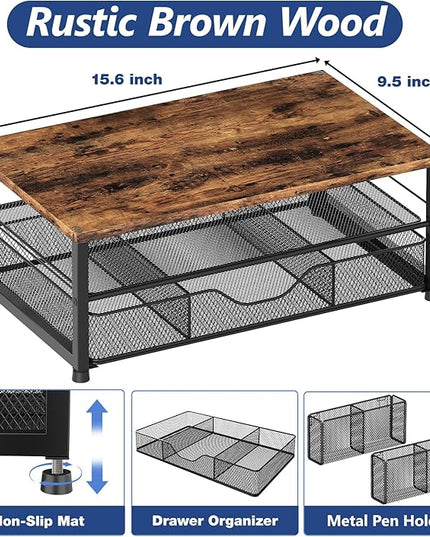 OPNICE Wood Desk Organizers and Accessories, 2-Tier Computer Monitor Stand Riser with Drawer and 2 Pen Holders, Laptop Stand, Office Desk Accessories for Office Supplies, Brown
