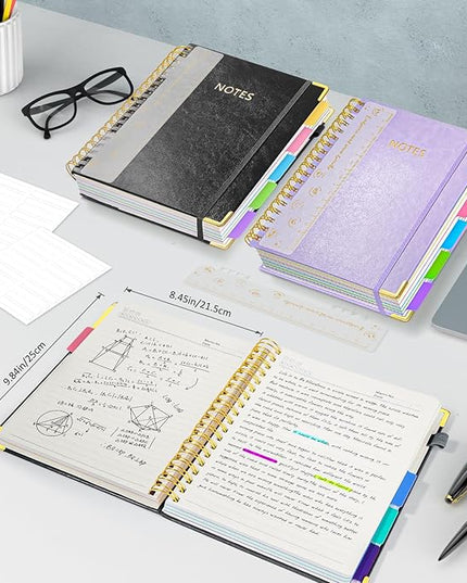 Hardcover Spiral Notebook Journal, 8"x10" Large B5 Notebooks with Removable Dividers Tabs, 300 Pages Leather 5 Subject Notebook College Ruled, Journal for Work School Note, 100 GSM Thick Paper,Black