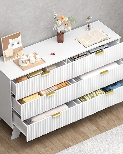 BORNOON Fluted 6 Drawer Dresser, 47.2" Wide Modern Boho Chest of Drawers, Wooden Storage Dresser TV Stand for Bedroom, Living Room, Closet, Hallway, Curved Profile Design