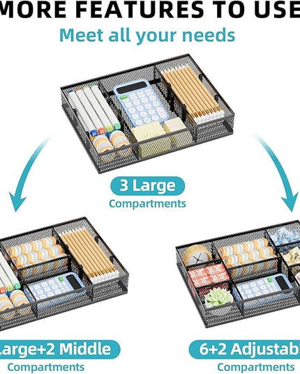 Marbrasse 2 Pack Desk Drawer Organizer, Mesh Drawer Organizer Tray with 8 Adjustable Compartments, Desk Organizers and Accessories, 5 Dividers Drawer for Office Supplies, Makeup & Vanity (Black-2P)