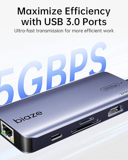 BIAZE 8-in-1 USB C Hub Adapter for MacBook, 4K60Hz HDMI, 100W PD Charging, USB 3.0, USB 2.0 * 2, SD/TF Card Reader, 100M Ethernet, 7 Ports Dongle for MacBook Pro/Air, iPad Pro, iPhone