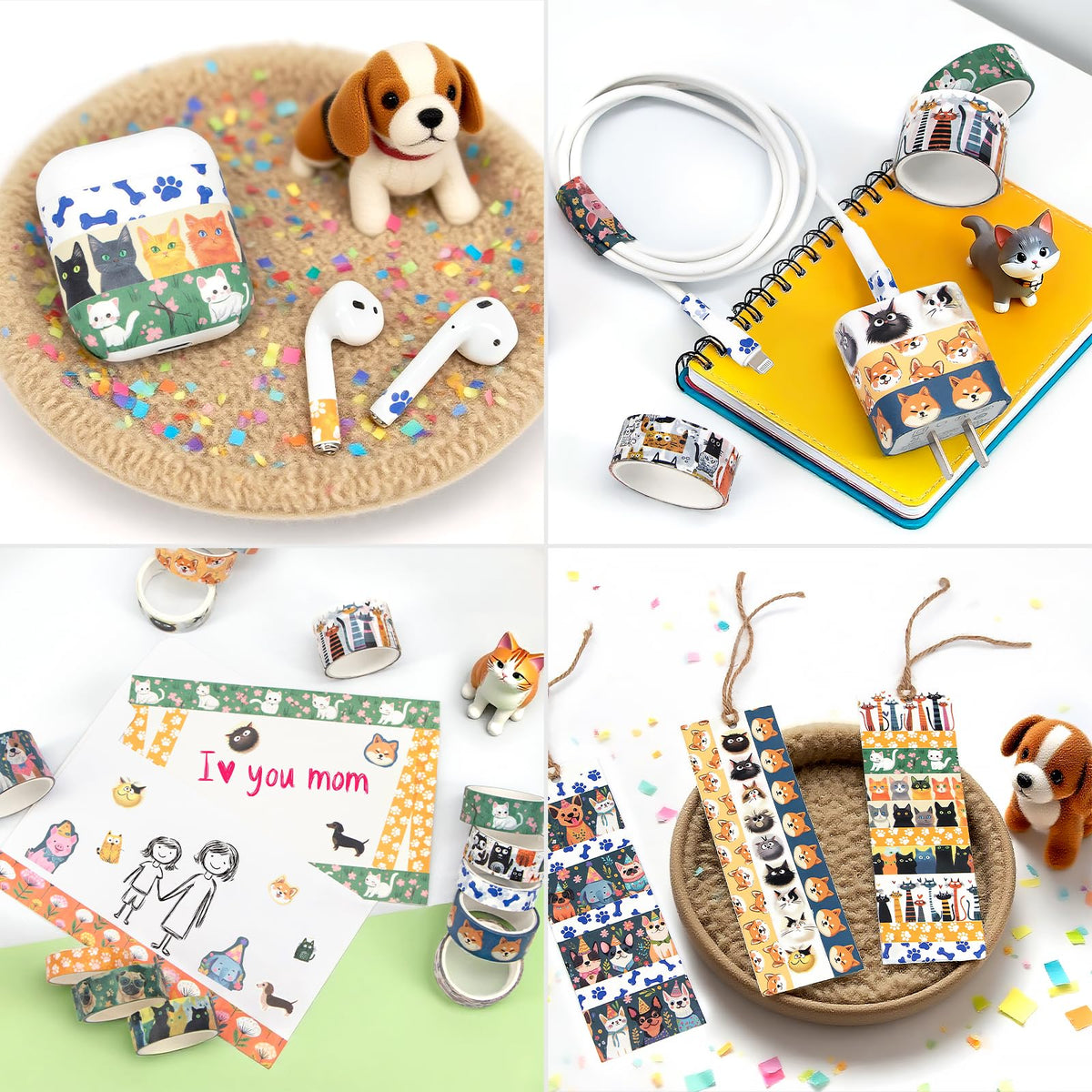 KOVANO Washi Tape Set 14 Rolls, Cute Animal Decorative Tape, Cats Puppies Pugs Designs Washi Tapes for Scrapbooking Supplies, Journaling Supplies, Crafts