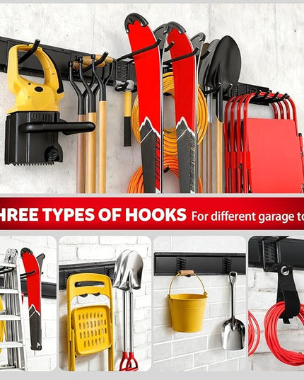 64 Inches Garage Tool Organizer Wall Mount, Tool Storage Rack Wall Mount, Heavy Duty Garden Wall Organizer System for Yard, garage and Shed, Tool Holder for Hanging Rake Snowboard Broom Mop