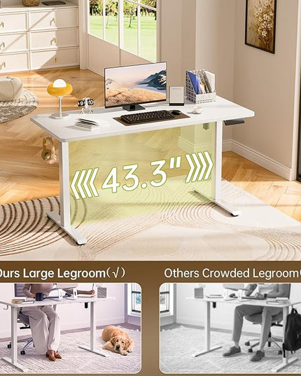 Veken 55 Inch Large Electric Standing Desk,Sit to Stand Up, Heights Adjustable, Work Home Office Computer Table for Study, Walking Pad, Writing, and Games, Wooden Desktop Desks, White