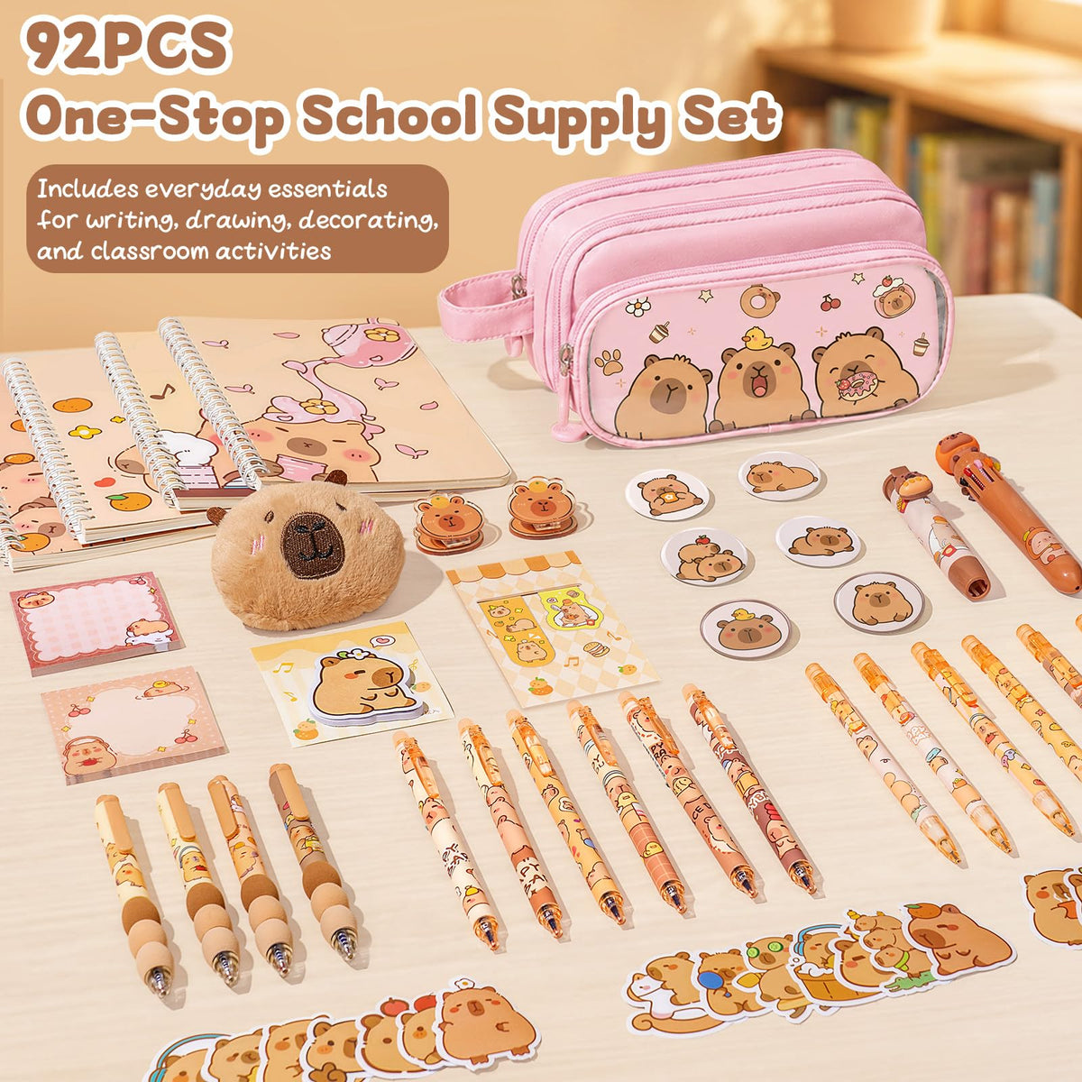 Similove Capybara Stationery Set 92 Pcs, Kawaii Back to School Supply Bundle with Pencil Case, Notebooks, Pens and Stickers, Cute School Supplies for Kids Girls, Kindergarten Elementary Gifts