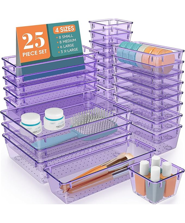 WOWBOX 25 PCS Plastic Drawer Organizer Set, Desk Drawer Divider Organizers and Storage Bins for Makeup, Jewelry, Gadgets for Kitchen, Bedroom, Bathroom, Office, Clear Purple