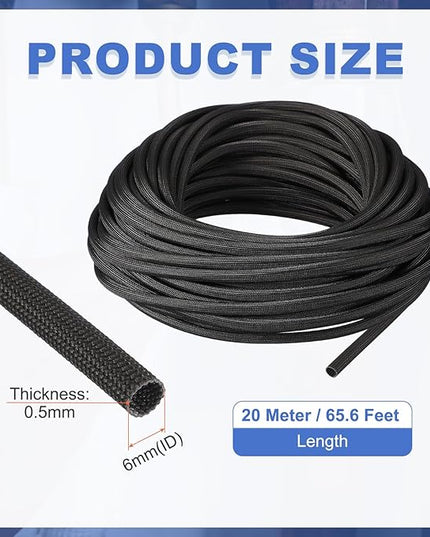 uxcell Insulation Cable Protector,6mm/0.24 Inch-20m/66 Feet High Temp Fiberglass Sleeve Black