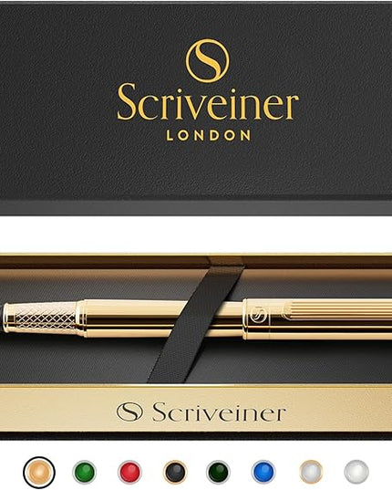 Scriveiner Luxury Fountain Pen - Stunning Gold Luxury Pen, Real Gold Finsih, Schmidt Gilded Nib (Medium), Converter, Best Pen Gift Set for Men & Women, Professional, Executive, Office, Nice Pens