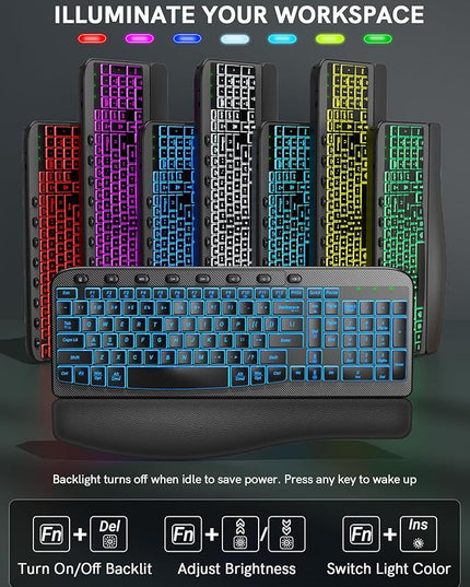 SABLUTE Ergonomic Wireless Keyboard and Mouse Combo - Wave Keyboard with Soft Leather Wrist Rest, Resistant Keys, RGB Backlit Rechargeable Set for PC/Mac/Chromebook (Black)