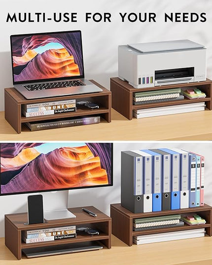 BONTEC Wooden Monitor Stand Riser, 2-Tier Desk Shelf with Storage Organizer, Ergonomic Computer Stand with Cable Management, Cellphone Holder, Walnut, 16.5 Inch