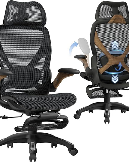 ELABEST X100 Ergonomic Office Chair with Footrest, Big and Tall Home Desk Chair with 5D Flip-Up Arms, Adjustable 3D Lumbar Support,High Back Rolling Computer Chair, Swivel Mesh Chairs (Library Oak)