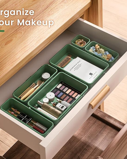 A-LuGei 【𝟮𝟴𝗣𝗖𝗦】 【𝟱𝗦𝗶𝘇𝗲】 ArmyGreen Drawer Organizer, Makeup organizer, 【Holds 177 Items】 Bathroom Organizers and Storage, Plastic Desk Organizer Divider, Organizer Bins for Office Vanity