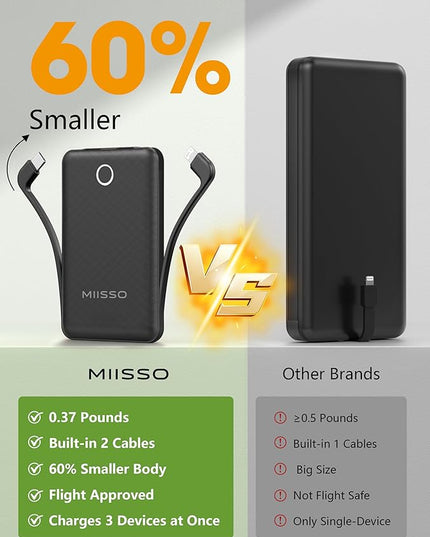 10000mAh Mini Portable Charger with Built in Cable, Pocket Size Power Bank Travel External Battery Pack for Phone, 3 Output USB Type C Cord Clutch Compatible with iPhone, Samsung, 2 Pack Black & Pink