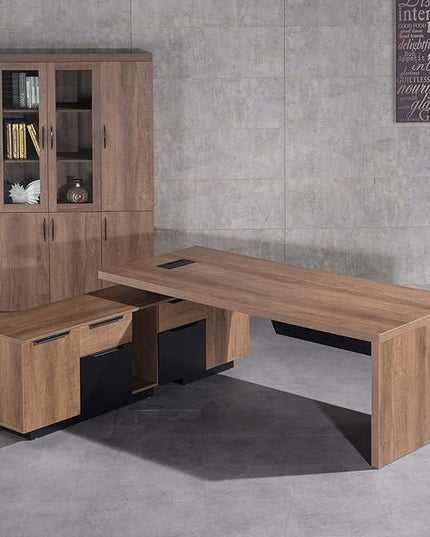 Retractable L-Shaped Executive Desk, Modern Office Desk with Drawers and Lateral File Cabinet, Large Computer Desk with Storage Shelves, Workstation for Home Office (Left Return, 86.6 - 94.5 IN)