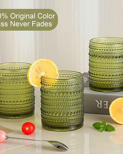Vintage Glassware Drinking Glasses Set of 6,12 oz Hobnail Glass Cups,Embossed Green Water Tumbler,for Beer,Cocktail,Whiskey,Juice and Various Mixed Drinks- 1 Cleaning Brush
