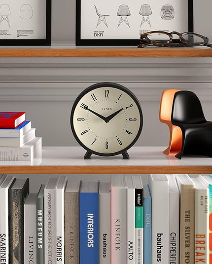 JONES CLOCKS® Venus Desk Clock | Modern Round Design | Black | Stylish Retro Look for Shelf, Table, Mantel or Bedside