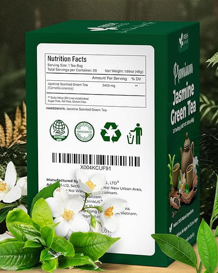 FreshDrinkUS, Premium 20 Tea Bags of Jasmine Green Tea, 100% Natural. Exquisite Flavor, Handpicked Leaves, Perfect for Tea Lovers. No Sugar, No Gluten, Vegan.