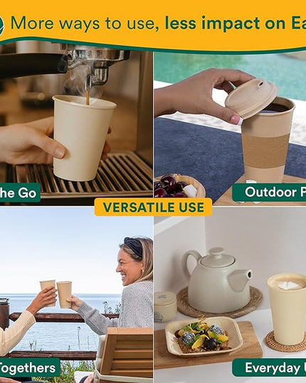 ECO SOUL 50 Pack 12 oz Disposable Coffee Cups Eco-Friendly, Biodegradable, Compostable, Leak-free & Sturdy To Go Hot Drink Travel Bagasse Cup for Tea, Chocolate, Party, Picnic & Cafe, Office & Home