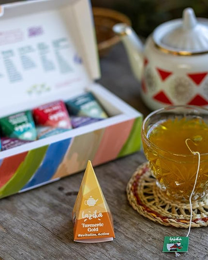 Lazika Tea Variety Pack with Lovely Presentation Box, Black, Green and Herbal Tea Sampler Gift Set, 20 Counts, Premium Collection with Pyramid Infuser Bag, Handcrafted