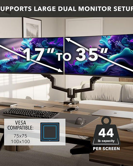 Mount-It! Proflex Series Heavy-Duty Dual Monitor Arm for 17–35” Screens, Gas Spring, Full Motion, USB-C & USB 3.0 Ports, VESA 75/100, Fits Ultrawide & Curved Displays, Clamp or Grommet Base
