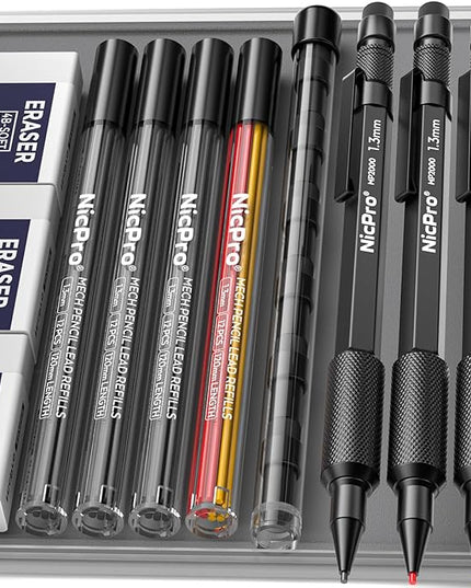 Nicpro 3 PCS 1.3 mm Blacke Mechanical Pencils Set with 48 Lead Refill, 3 Eraser - Weatherproof Metal Barrel, Heavy Duty Carpenter Pencil MP2000 for Outdoor Marking Drafting Drawing Woodworking