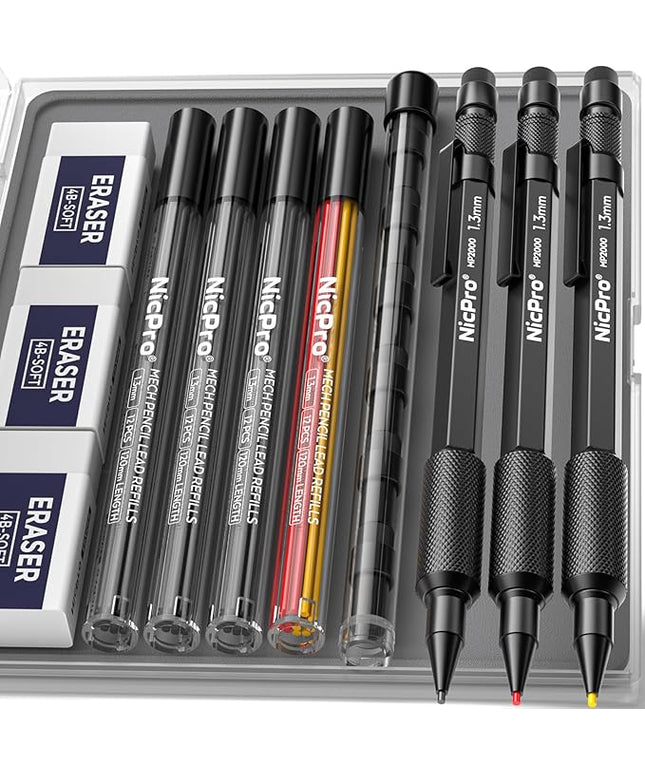 Nicpro 3 PCS 1.3 mm Blacke Mechanical Pencils Set with 48 Lead Refill, 3 Eraser - Weatherproof Metal Barrel, Heavy Duty Carpenter Pencil MP2000 for Outdoor Marking Drafting Drawing Woodworking