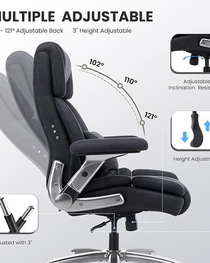 750lbs Heavy Duty Desk Chair with 3D Kneading Massage, Big and Tall Office Chairs with Ergonomic Support, 4D Armrests, 5 Quiet Dual Rubber Wheel, Thick Spring Cushion(Black-Fabric)