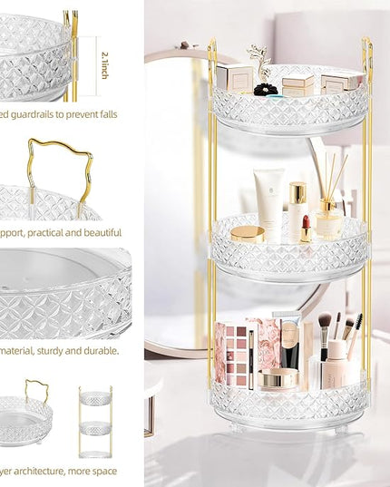 360 Rotating Rotating Makeup Organizer for Vanity, 3 Tier Perfume Skincare Organizers and Storage for Bathroom Countertop, Clear Spinning Counter Cosmetic Holder for Dresser,Clear