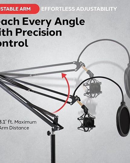 Pyle Microphone Boom Suspension Stand - Scissor Arm Mic Mount w/Shock Mount, Integrated Pop Filter, 3.1' ft. Max Extension, Suitable for Podcast Recording, Broadcasting, Streaming, Stage & Studio Use