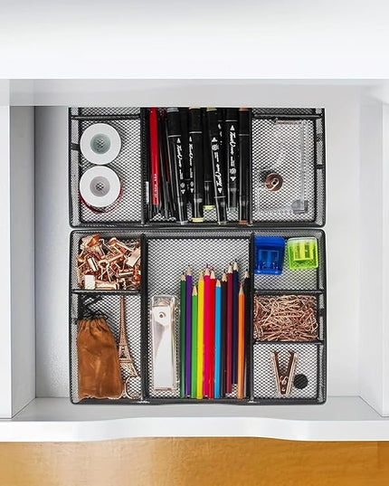 Desk Drawer Organizer Tray, Metal Mesh Drawer Organizers Office, 6 Adjustable Compartment, Desk Organizer Tray for Home Office 12.87L x 8.73D x 1.96H inch, Black, 1PC Medium