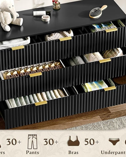 HUANLEGO Fluted Dresser for Bedroom with 7 Drawer, Mid Century Modern Chest of Drawers, 48" Wide Natural Wood Dresser for Closet, Wooden Boho Chest Closet Storage TV Stand for Bedroom, Black