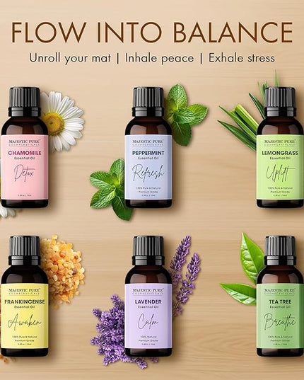 Majestic Pure, Yoga Essential Oil Gift Set | 100% Pure & Natural Set for Yoga, Meditation and Self-Care Rituals | Frankincense, Tea Tree, Lavender, Peppermint, Lemongrass, Chamomile - Pack of 6