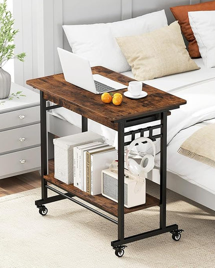 Tangkula Rolling Computer Desk Cart with Keyboard Tray, Mobile Portable Laptop PC Desk with CPU Stand & 3 Hooks for Sofa & Bed, Industrial Small Desk on Wheels for Small Spaces, Home Office Desk