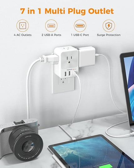 Surge Protector Wall Outlet Extender, TESSAN Multi Plug Outlet Splitter with 3 USB Charging Blocks(1 USB C), Multi Plug Wall Charger for Home, Office, School, College Dorm Essentials