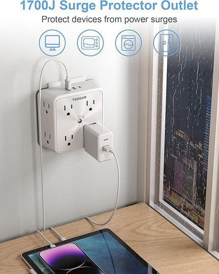 Surge Protector 8 Outlet Extender, TESSAN Multi Outlet Splitter with 3 USB Wall Charger (1 USB C), 3-Sided Multiple Plug Power Strip 1700J, Charging Station for Home Office Dorm Room Essentials
