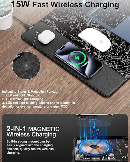 TopMade Mouse Pad with 15W Fast Wireless Charging, 31.5"x15.75" XXL Large Gaming Waterproof Desk Pad with Ultra-Smooth Surface, Non-Slip Base, Computer Desk Mat, Black Topographic Map #3