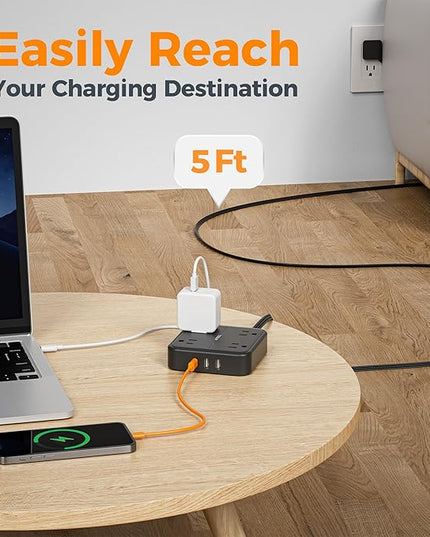 Surge Protector Flat Extension Cord 5FT, TESSAN Flat Plug Power Strip with 4 Outlets 3 USB C Ports (1 USB C), 900 Joules Protection, Multiple Wall Outlet Extender Suitable for Home Office Dorm, Black