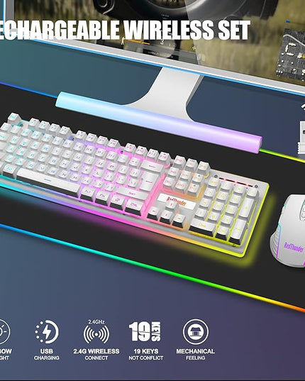 RedThunder K10 Wireless Gaming Keyboard and Mouse Combo, LED Backlit Rechargeable 3800mAh Battery, Mechanical Feel Anti-ghosting Keyboard + 7D 3200DPI Mice for PC Gamer (White)