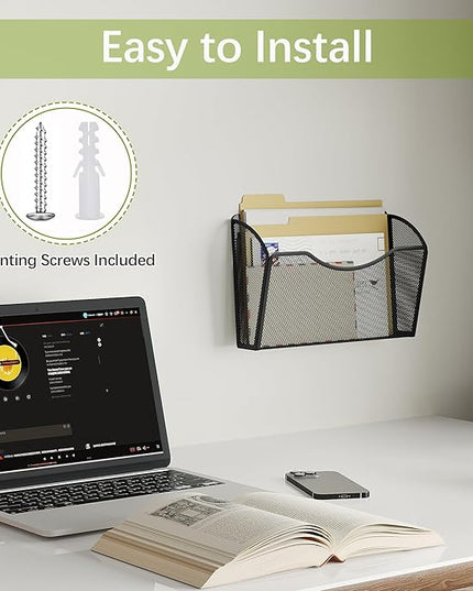 EasyPAG Single Pocket Wall File Organizer, Mesh Hanging File Folder Organizer for Letter/A4 Size Folders Wall Mounted Vertical Mail Holder for Paperwork, Office, Home, School, Black