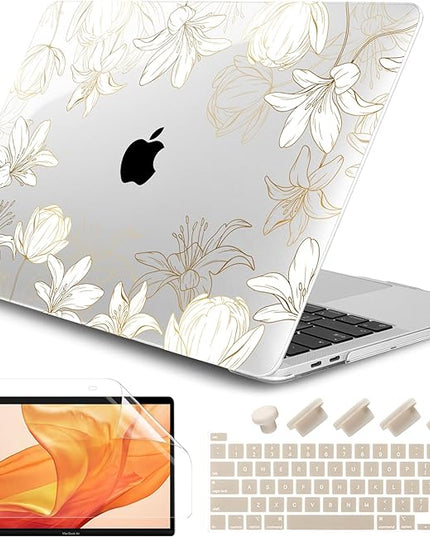 DONGKE Compatible with MacBook Pro 13 inch Case 2024 2023-2020 Release A2338 M2/M1 A2251 A2289 with Retina Display & Touch ID, Plastic Hard Shell & Keyboard Cover & Screen Film- Golden Florals