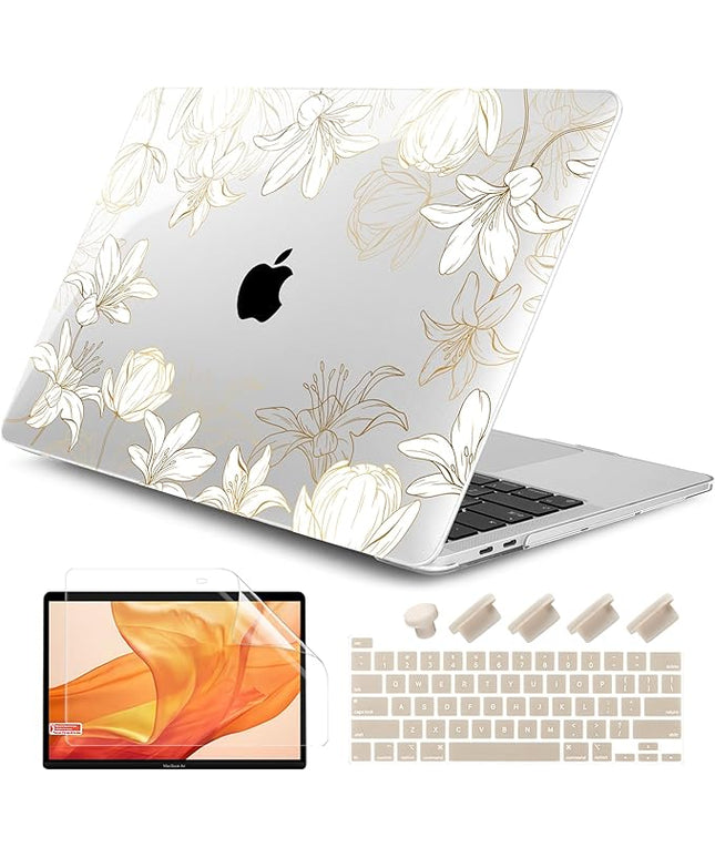 DONGKE Compatible with MacBook Pro 13 inch Case 2024 2023-2020 Release A2338 M2/M1 A2251 A2289 with Retina Display & Touch ID, Plastic Hard Shell & Keyboard Cover & Screen Film- Golden Florals