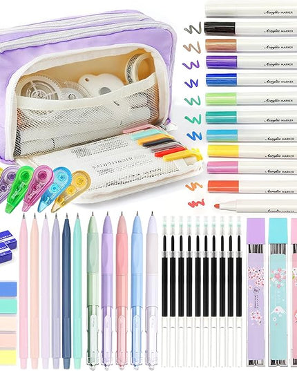 Ristpal 42 PCS Aesthetic School Supplies with Large Pencil Case, 12 Marker Pens with box, 5 Black Ink Gel Pens, 6 Mechanical Pencils Set, Sticky Notes, Complete Essentials Stationery Kit for Students