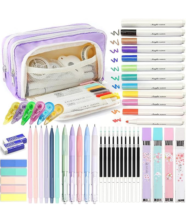 Ristpal 42 PCS Aesthetic School Supplies with Large Pencil Case, 12 Marker Pens with box, 5 Black Ink Gel Pens, 6 Mechanical Pencils Set, Sticky Notes, Complete Essentials Stationery Kit for Students