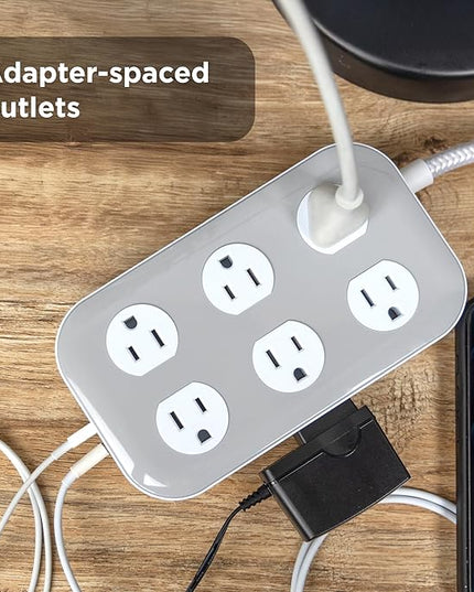 GE 12-Outlet Surge Protector with 6ft Braided Cord, Power Strip, Extension Cord, Flat Plug, 2 USB-A & 1 USB-C Port, 2100 Joules, for Home School & Office, Charging Station, White, 84214