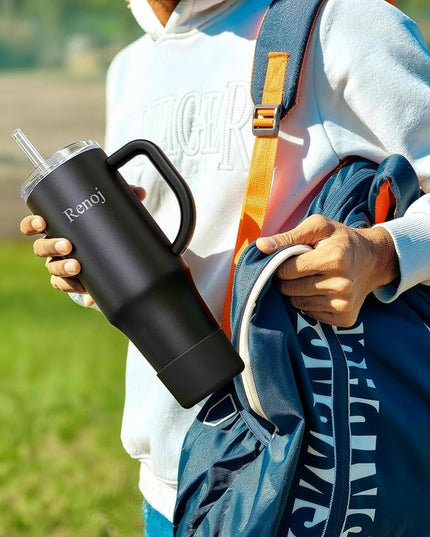 Renoj Tumbler with Handle 100% Spill Resistant Insulated Water Bottle for Iced Coffee & Hot Drinks - Fits Car Cup Holder, Ideal Gift, 2 Straws & Silicone Boot BPA-Free - FlexSlide Black 40 oz