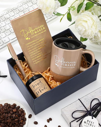 4 Pcs Difference Maker Gift for Women Men Teacher Employee Appreciation Gift for Coworker Staff Coach Difference Maker Mug Notebook Scented Candle Motivational Ballpoint Pen for Valentines(Brown)