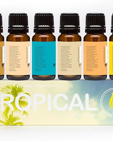 Eternal Essence Oils Tropical Set of 6 Premium Fragrance Oils - Includes Coconut Cream, Bay Rum, Pina Colada, Tahitian Vanilla, Ocean Breeze, and Pineapple Scented Oils - 10ML