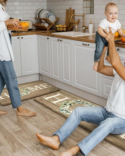 KIMODE Kitchen Mats Cushioned Anti Fatigue, 17"x47"+17"x29" Farmhouse Kitchen Rugs Sets of 2, Non Slip Kitchen Mats for Floor, Padded Kitchen Floor Mats for Sink, Laundry, Desk Khaki