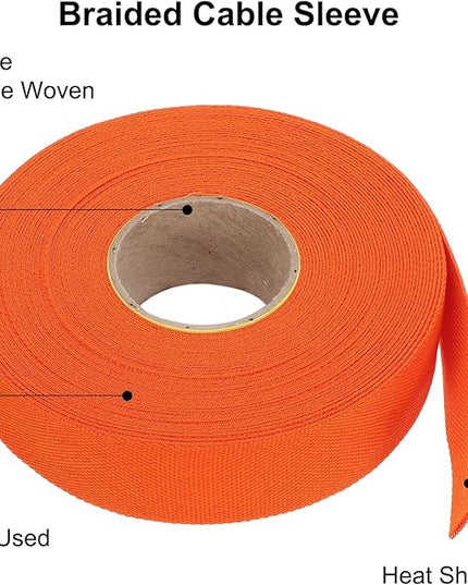 MECCANIXITY Braided Cable Sleeves Heat Shrinkable Fabric Sleeving, 1" 60ft Orange 2:1 Ratio Heat Shrinkable Cord Protector for Harness Cable, Network Cable Protection, Cable Management