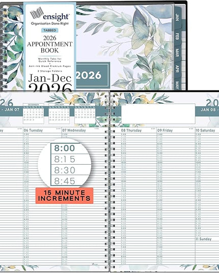 Ensight 2026 Appointment Book and Planner 8.5" x 11" Large Hourly Weekly Daily Schedule Planner with Tabs, 15 Minute Time Slots, Floral Calendar Organizer Jan 2026 – Dec 2026 Appointment Book - Floral